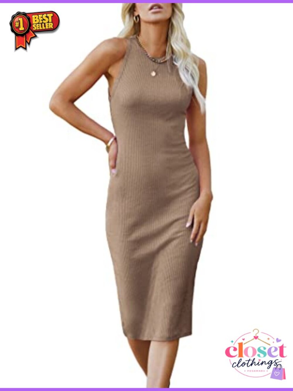 PRETTYGARDEN Ribbed Bodycon Midi Tank Dress Crew Neck Sleeveless
